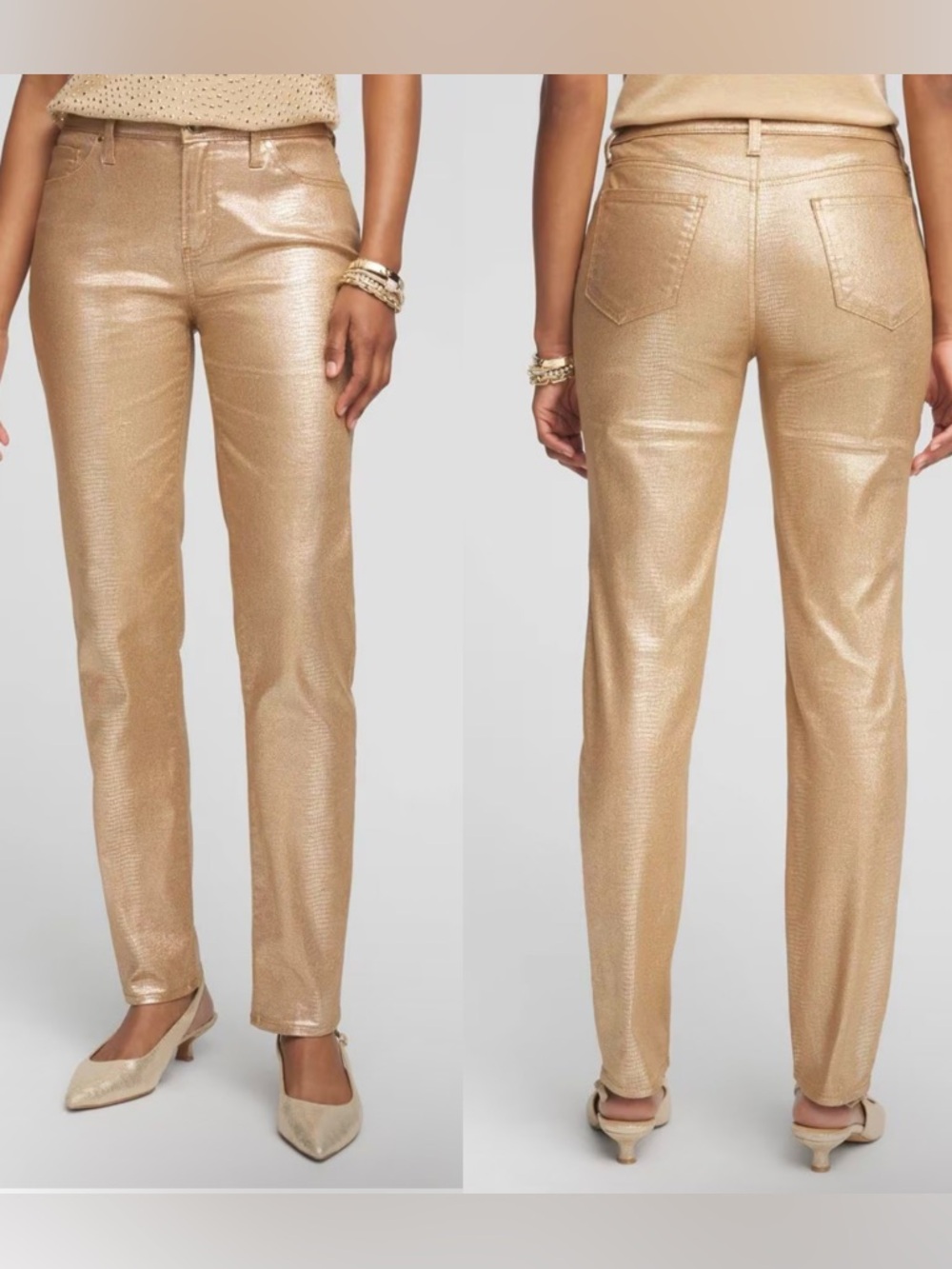 Chico's Girlfriend Coated Alligator Girlfriend Ankle Jeans NWT 20 Metallic Gold